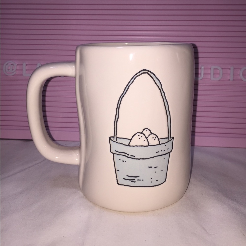 Rae Dunn PEEP PEEP ceramic mug inlaid letters with blue Easter basket pic